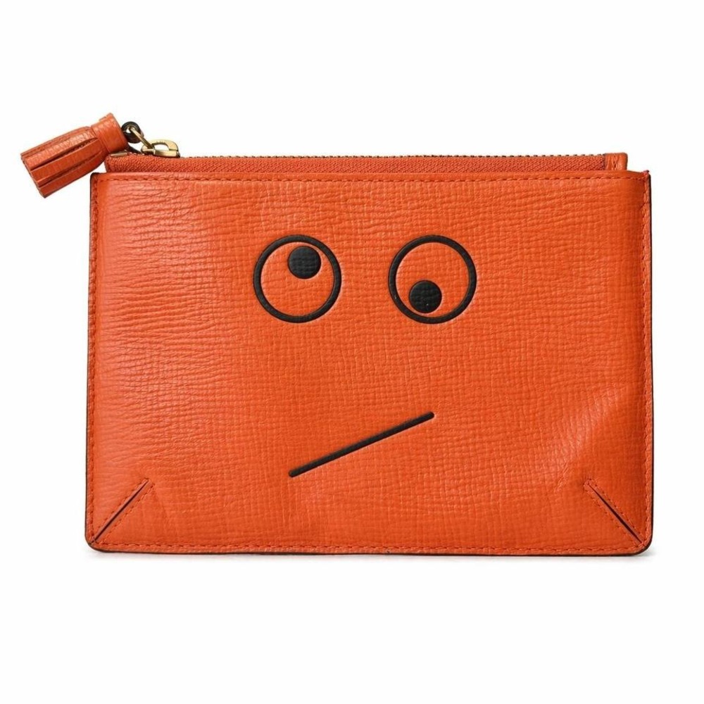 Anya Hindmarch Eyes Orange Capra Leather Zip Pouch Tassel Clutch Bag